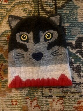 Mini Boden Grey & Black Wolf Beanie Hat with Yellow Eyes and Red Trim